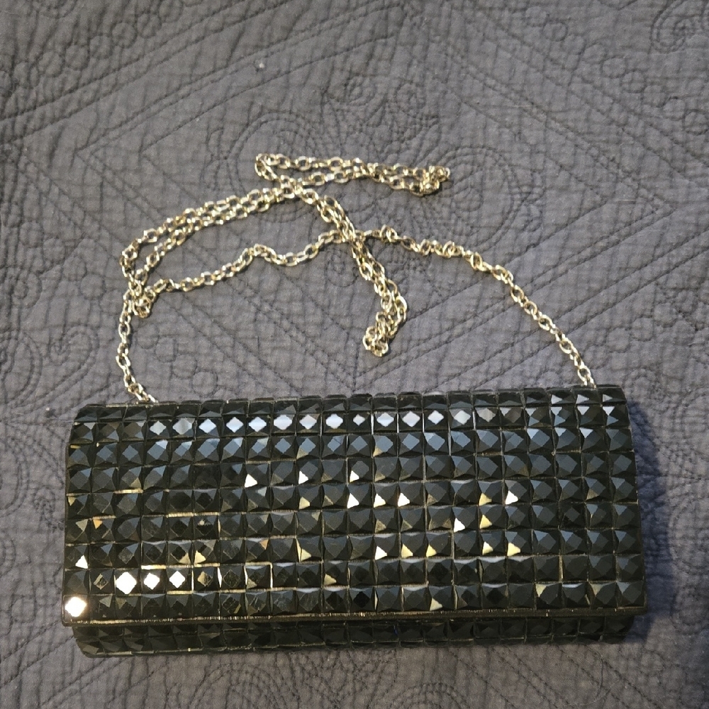 Studded Black Clutch with Gold Chain